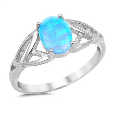 Blue Simulated Opal Oval Celtic Trinity Ring New .925 Sterling Silver Band Size 10