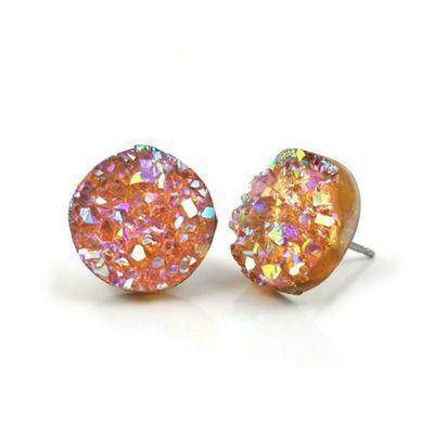 12mm Faux Druzy Stud Earrings - Stainless Steel Posts Sensitive Ears Boho Chic Sparkly Glitter Studs (Peach AB)