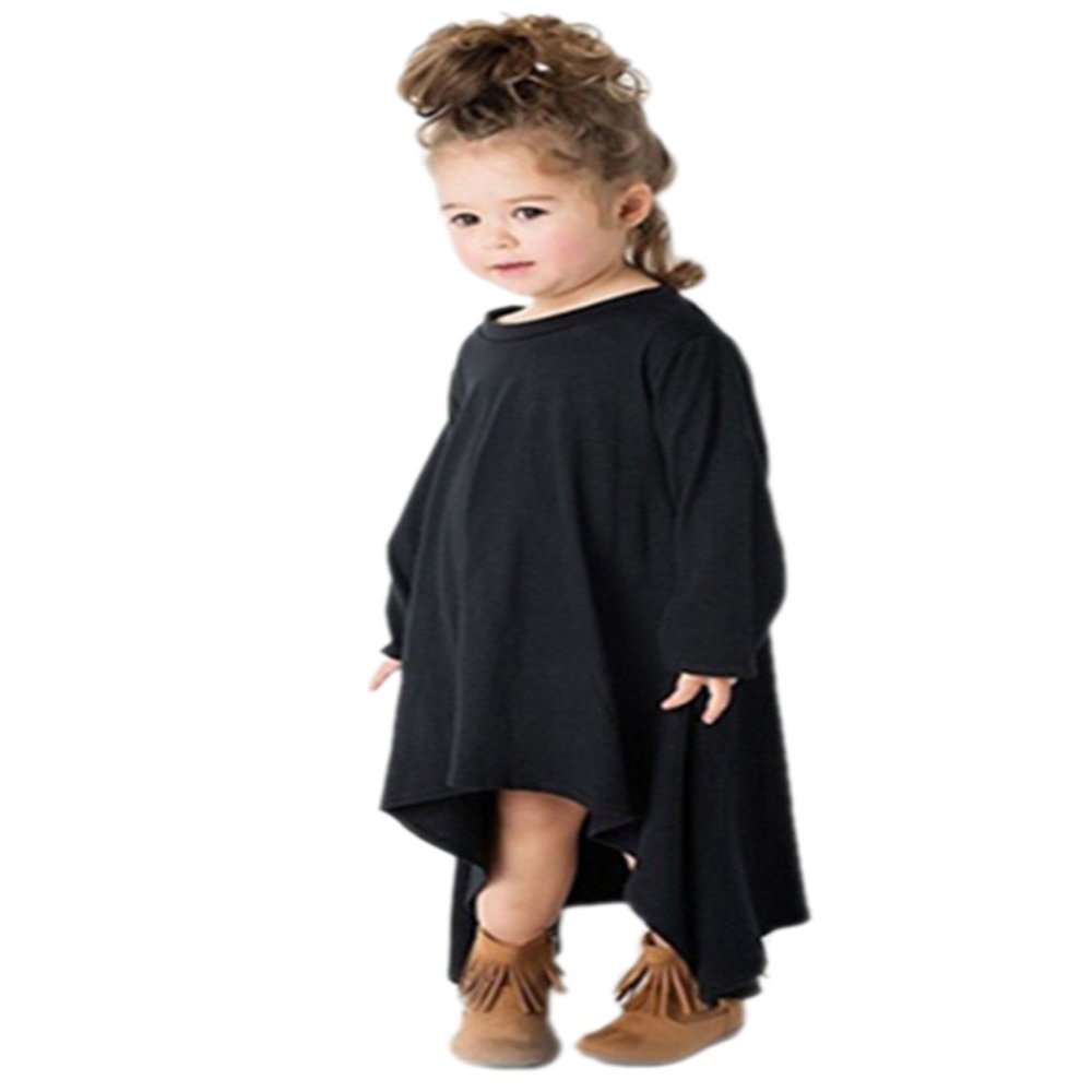 JJ-GOGO 2016 Children's Clothing Solid Color Long Sleeved Stylish Dress (130CM, Black)