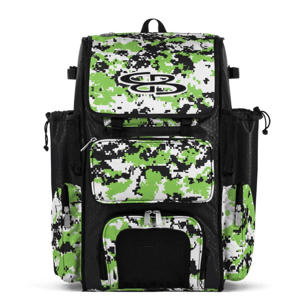 Boombah Superpack Bat Pack - Backpack Version (no wheels) - Holds 4 Bats - Camo Black/Lime Green - For Baseball or Softball