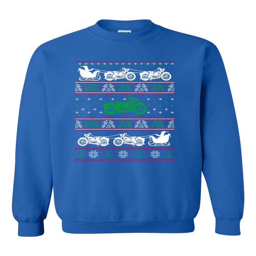 City Shirts Motorcycle Sleigh Santa Claus Ugly Christmas Funny DT Crewneck Sweatshirt (Small, Royal Blue)