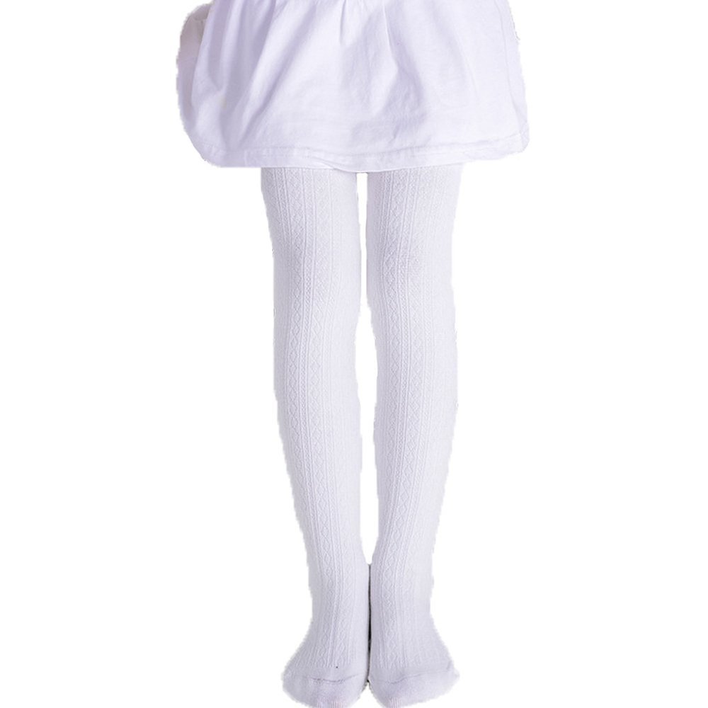 Monvecle Girls' Thick Cotton Stockings Socks Stretch Cable Knit Footed Tights White 10-14