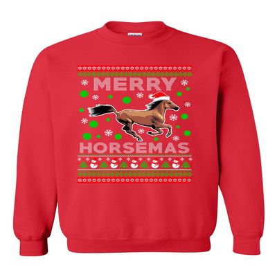 Merry Horsemas Horse Animals Ride Ugly Christmas Funny DT Crewneck Sweatshirt (Small, Red)