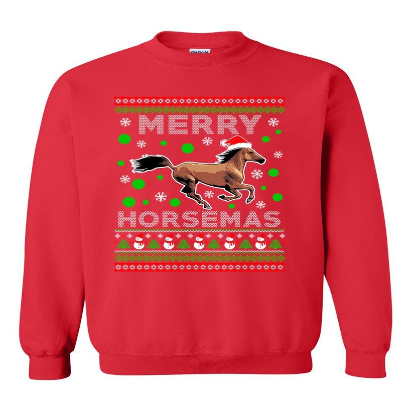 Merry Horsemas Horse Animals Ride Ugly Christmas Funny DT Crewneck Sweatshirt (Small, Red)