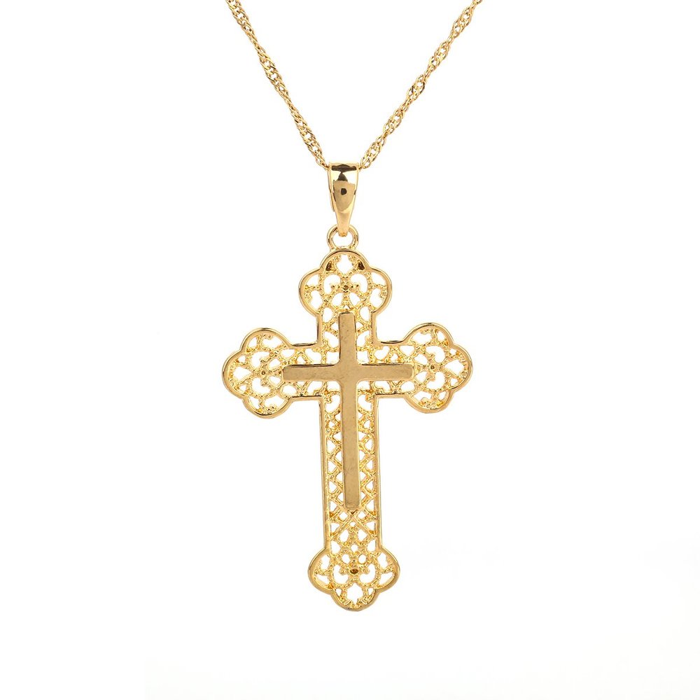24K Gold Plated Classical Catholic Multilayer Celtic Cross Pendant Necklace Jewelry