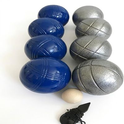 BuyBocceBalls Listing -73mm Metal Bocce/Petanque 8 Ball Set with 4 Striped Grind Sand and 4 Blue Balls and Blue Bag