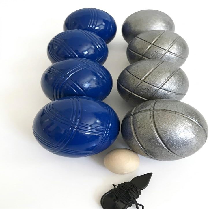 BuyBocceBalls Listing -73mm Metal Bocce/Petanque 8 Ball Set with 4 Striped Grind Sand and 4 Blue Balls and Blue Bag