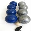 BuyBocceBalls Listing -73mm Metal Bocce/Petanque 8 Ball Set with 4 Striped Grind Sand and 4 Blue Balls and Blue Bag view 1
