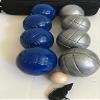BuyBocceBalls Listing -73mm Metal Bocce/Petanque 8 Ball Set with 4 Striped Grind Sand and 4 Blue Balls and Blue Bag view 3