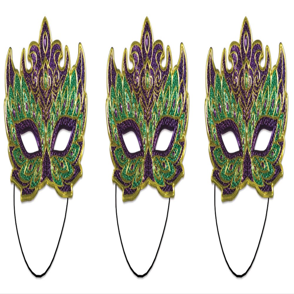 Beistle 3Piece Mardi Gras Costume Masks (Green/Gold/Purple)