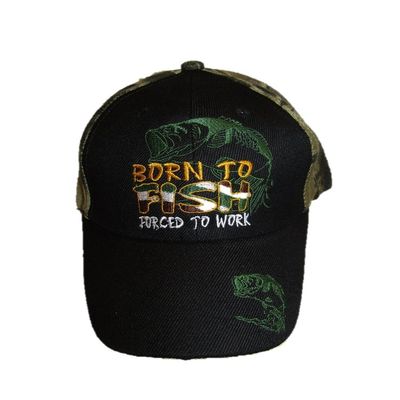 AES Born to Fish Forced to Work Fishing Black Face Camouflage Embroidered Cap Hat