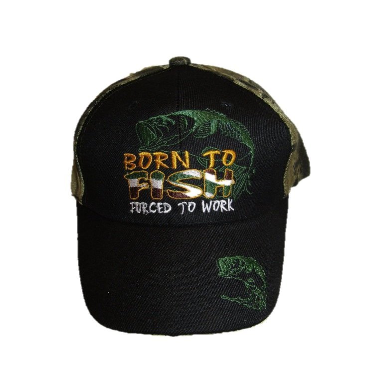 AES Born to Fish Forced to Work Fishing Black Face Camouflage Embroidered Cap Hat