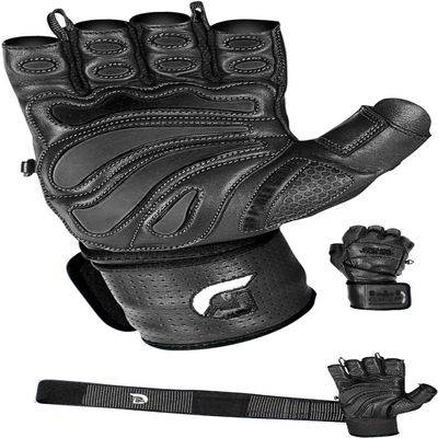 Elite Leather Gym Gloves with Built in 2" Wide Wrist Wraps Grip & Design for Weightlifting Power Lifting Bodybuilding & Strength Training Workout Exercises (Black, X-Large)