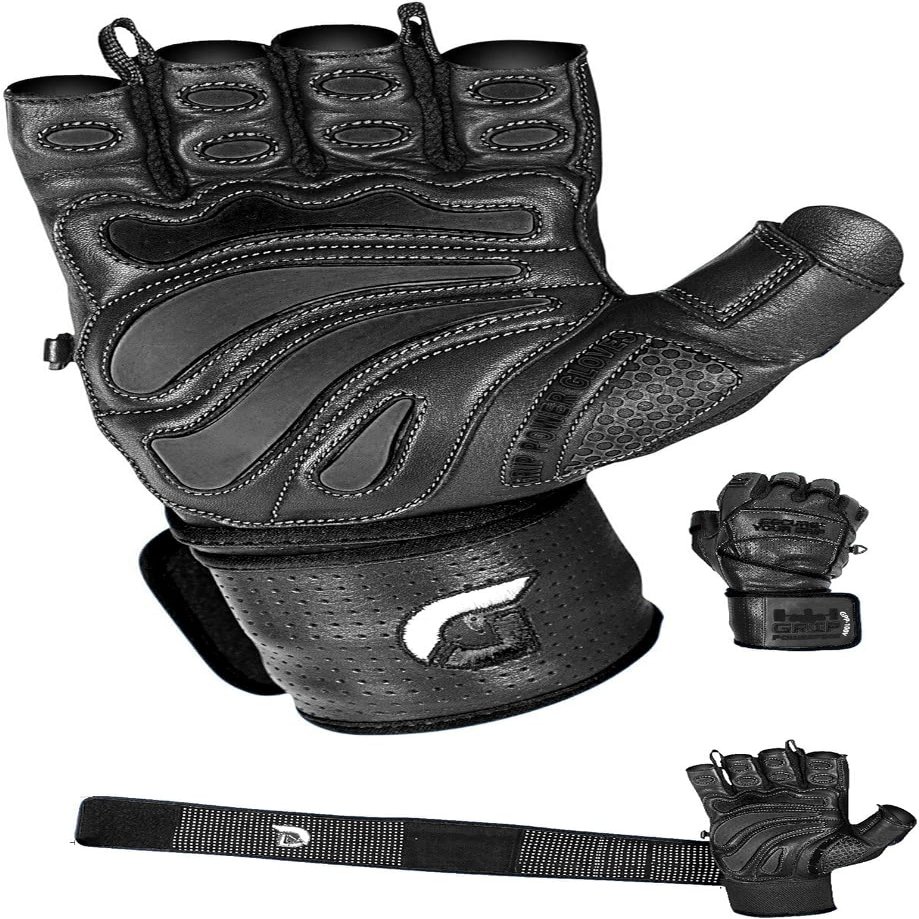 Elite Leather Gym Gloves with Built in 2" Wide Wrist Wraps Grip & Design for Weightlifting Power Lifting Bodybuilding & Strength Training Workout Exercises (Black, X-Large)