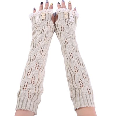 LerBen Womens Lace Knitted Fingerless Warm Gloves Long Arm Warmer Thumb Hole Mitten