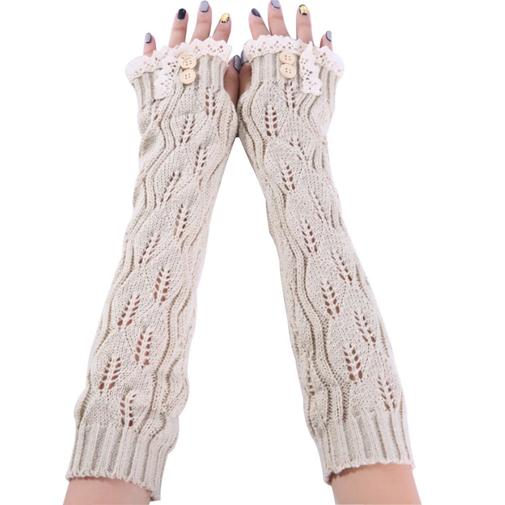 LerBen Womens Lace Knitted Fingerless Warm Gloves Long Arm Warmer Thumb Hole Mitten