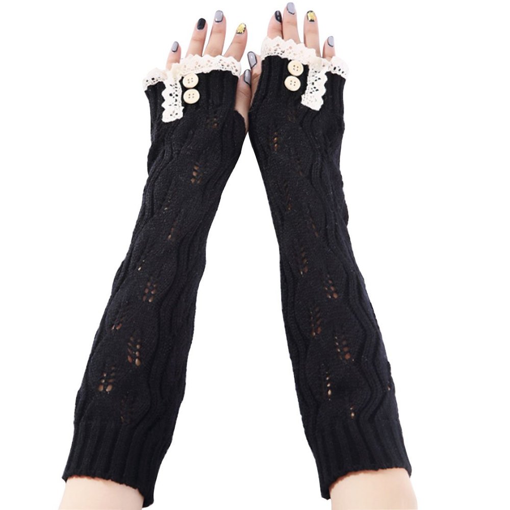 LerBen Womens Lace Knitted Fingerless Warm Gloves Long Arm Warmer Thumb Hole Mitten