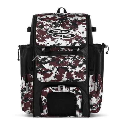 Boombah Superpack Bat Pack - Backpack Version (no wheels) - Holds 4 Bats - Camo Black/Maroon - For Baseball or Softball