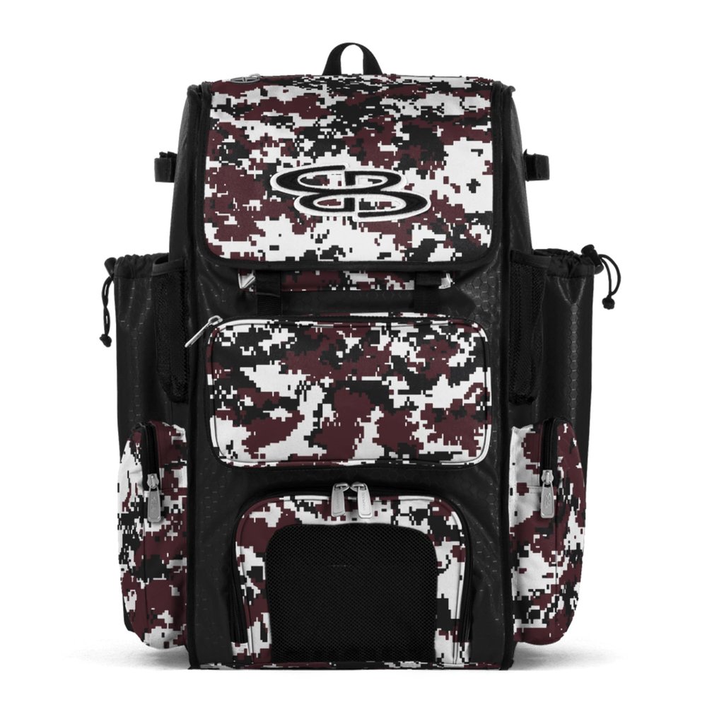 Boombah Superpack Bat Pack - Backpack Version (no wheels) - Holds 4 Bats - Camo Black/Maroon - For Baseball or Softball