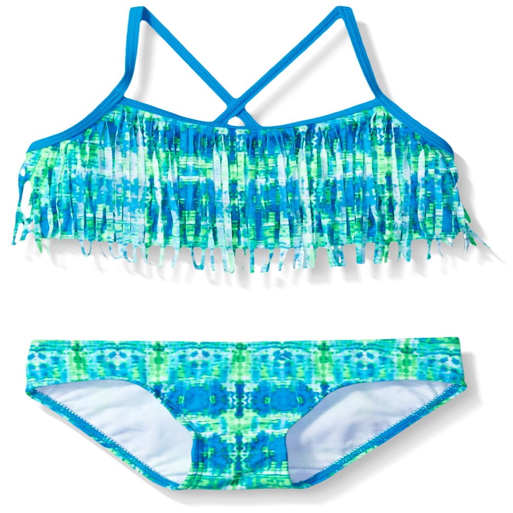 Kanu Surf Girls' Toddler Kayla Fringe Bikini Swimsuit, Blue/Green, 2T