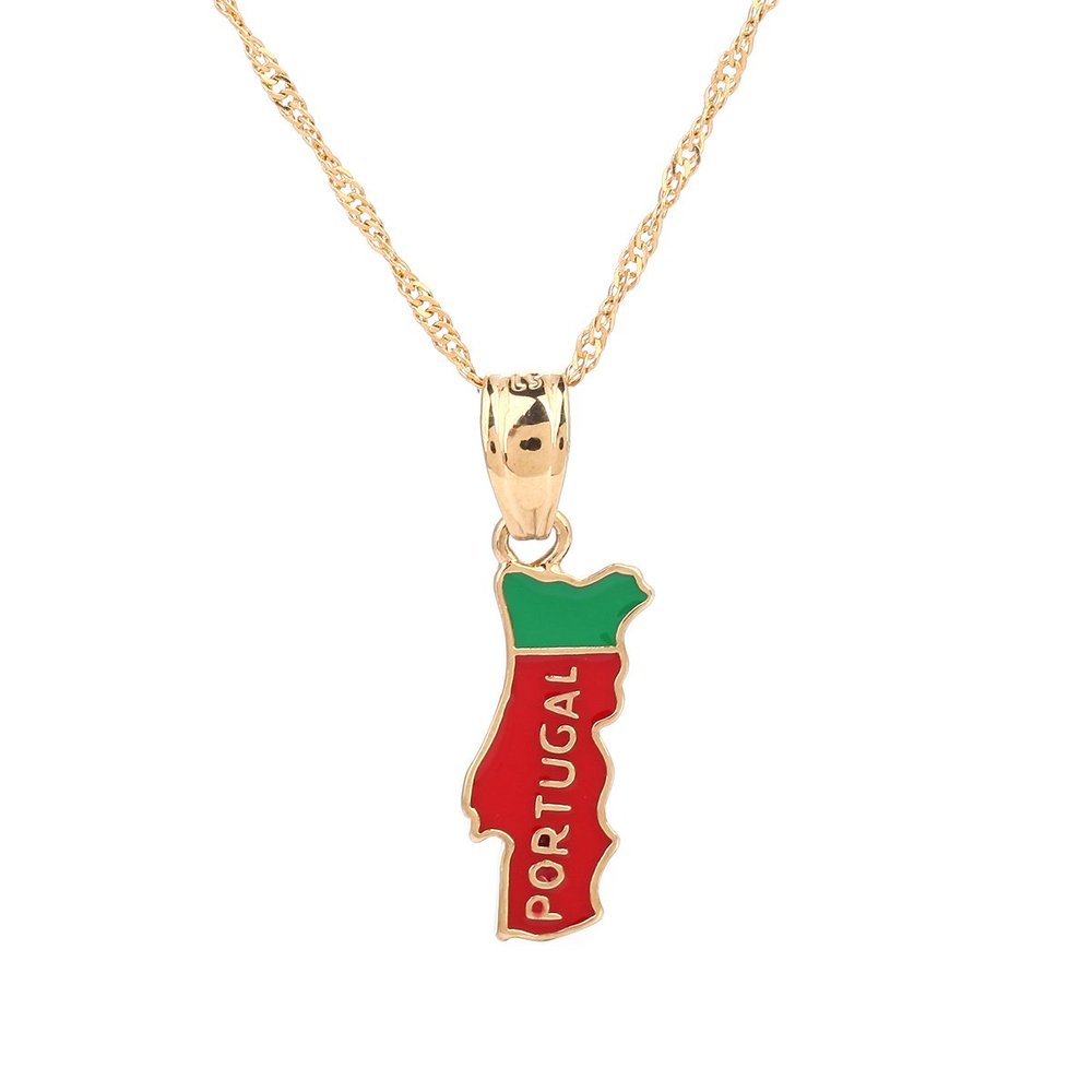 24K Gold Plated Green Red Enamel Coated Portugal Map Pendant Necklace Jewelry