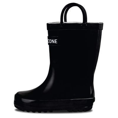 LONECONE Rain Boots with Easy-On Handles in Fun Patterns for Boys and Girls, Play-Proof Flexible Rubber, Durable Non-Slip Treads, Kid-Friendly for Hours of Joy - Shiny Black, 7 Toddler