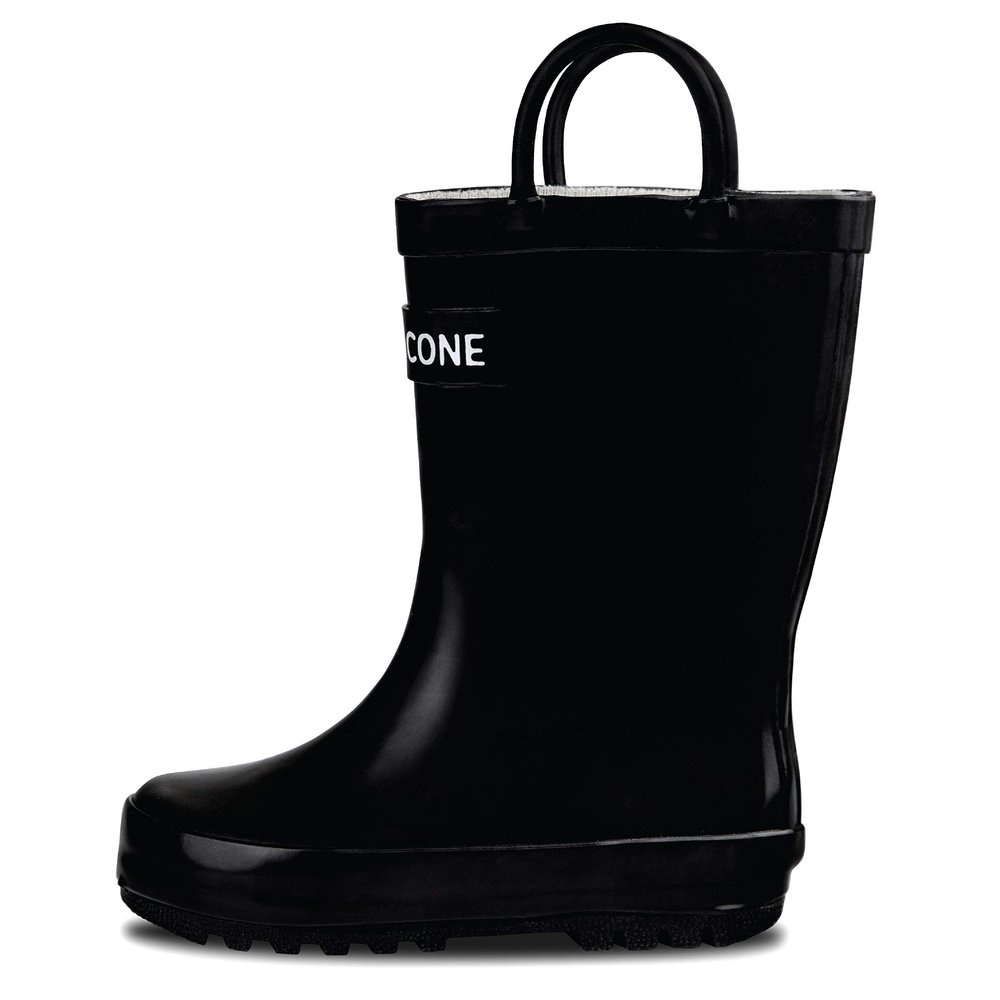 LONECONE Rain Boots with Easy-On Handles in Fun Patterns for Boys and Girls, Play-Proof Flexible Rubber, Durable Non-Slip Treads, Kid-Friendly for Hours of Joy - Shiny Black, 7 Toddler