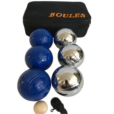 BuyBocceBalls Listing -73mm Metal Petanque/Boules 6 Ball Set with 3 Silver and 3 Blue Balls and Black Bag