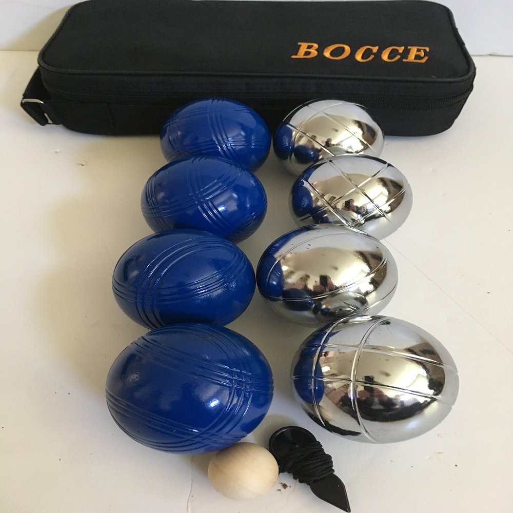 BuyBocceBalls Listing -73mm Metal Bocce 8 Ball Set with 4 Silver and 4 Blue Balls and Black Bag
