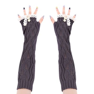 Drasawee Winter Warm Lace Knitted Crochet Long Fingerles Gloves DarkGrey
