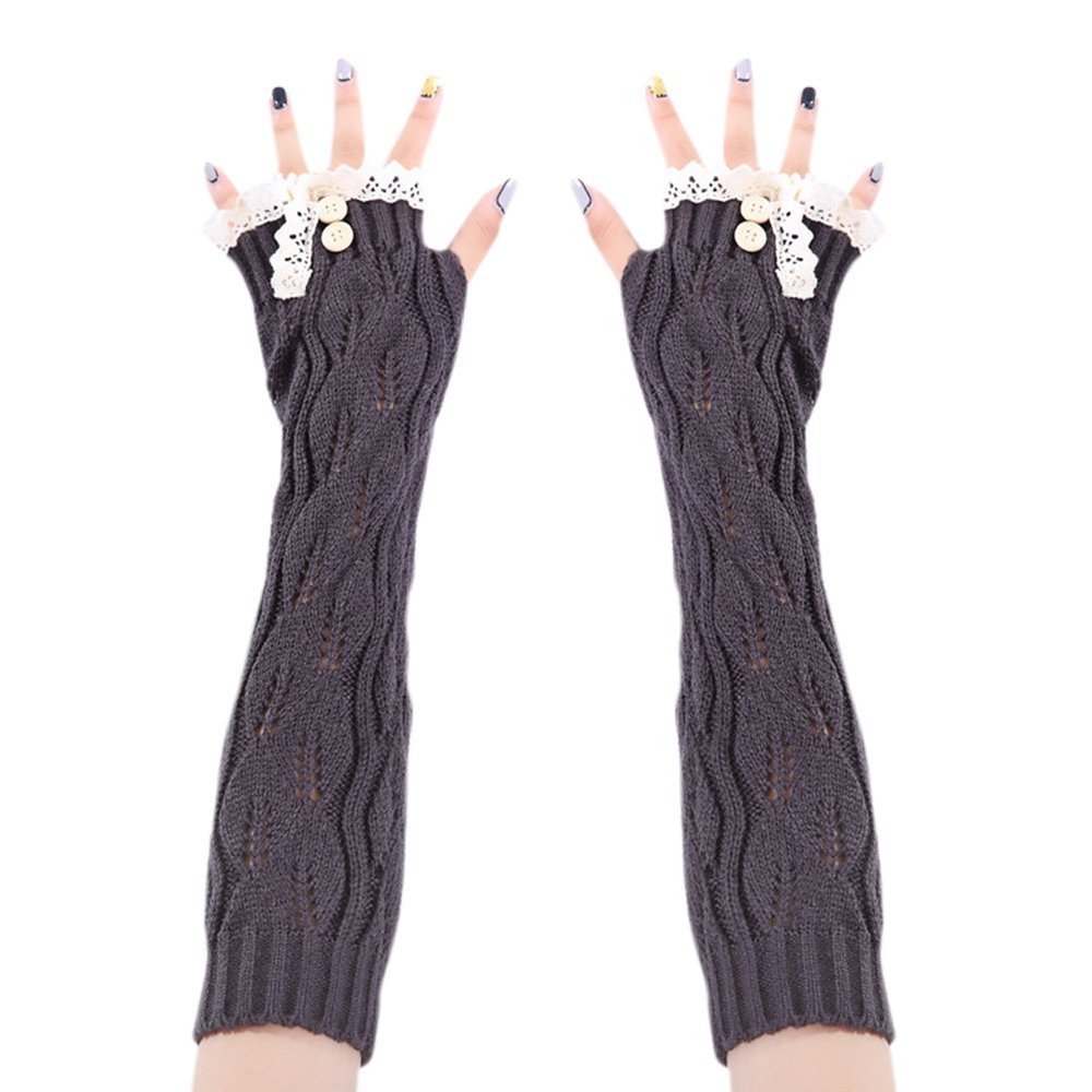 Drasawee Winter Warm Lace Knitted Crochet Long Fingerles Gloves DarkGrey