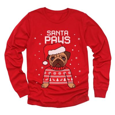 Tstars Santa Paws Pug Ugly Christmas Sweater Kids Shirt Dog Long Sleeve T-Shirt 2T Red