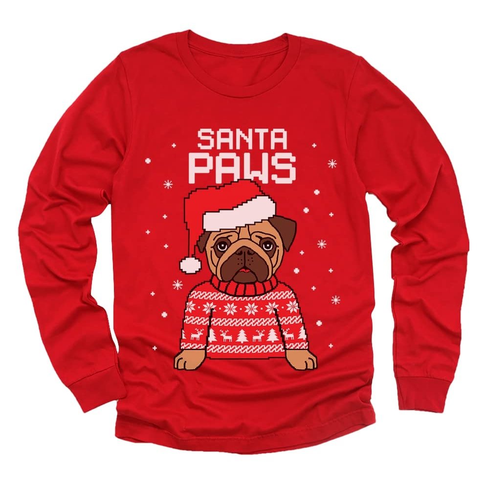 Tstars Santa Paws Pug Ugly Christmas Sweater Kids Shirt Dog Long Sleeve T-Shirt 2T Red