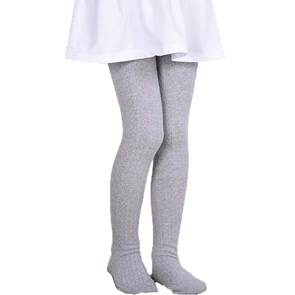Monvecle Girls' Thick Cotton Stockings Socks Stretch Cable Knit Footed Tights Grey 2-4