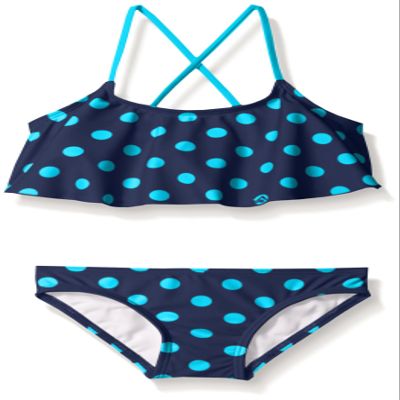 Kanu Surf Big Girl's Karlie Flounce Bikini Beach Sport 2-Piece Swimsuit, Suzie Navy/Aqua Dot, 14