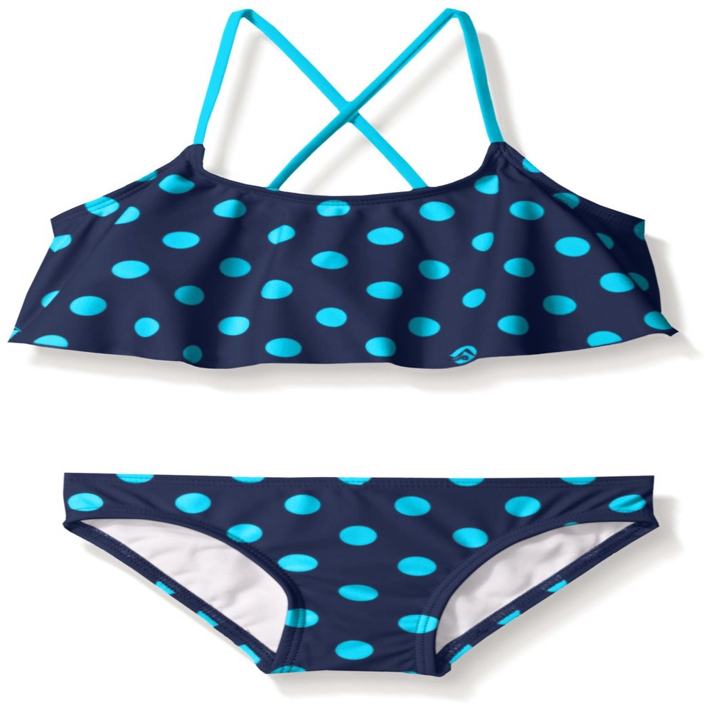 Kanu Surf Big Girl's Karlie Flounce Bikini Beach Sport 2-Piece Swimsuit, Suzie Navy/Aqua Dot, 14