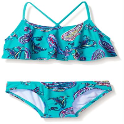 Kanu Surf Big Girl's Karlie Flounce Bikini Beach Sport 2-Piece Swimsuit, Heather Green Paisley, 14