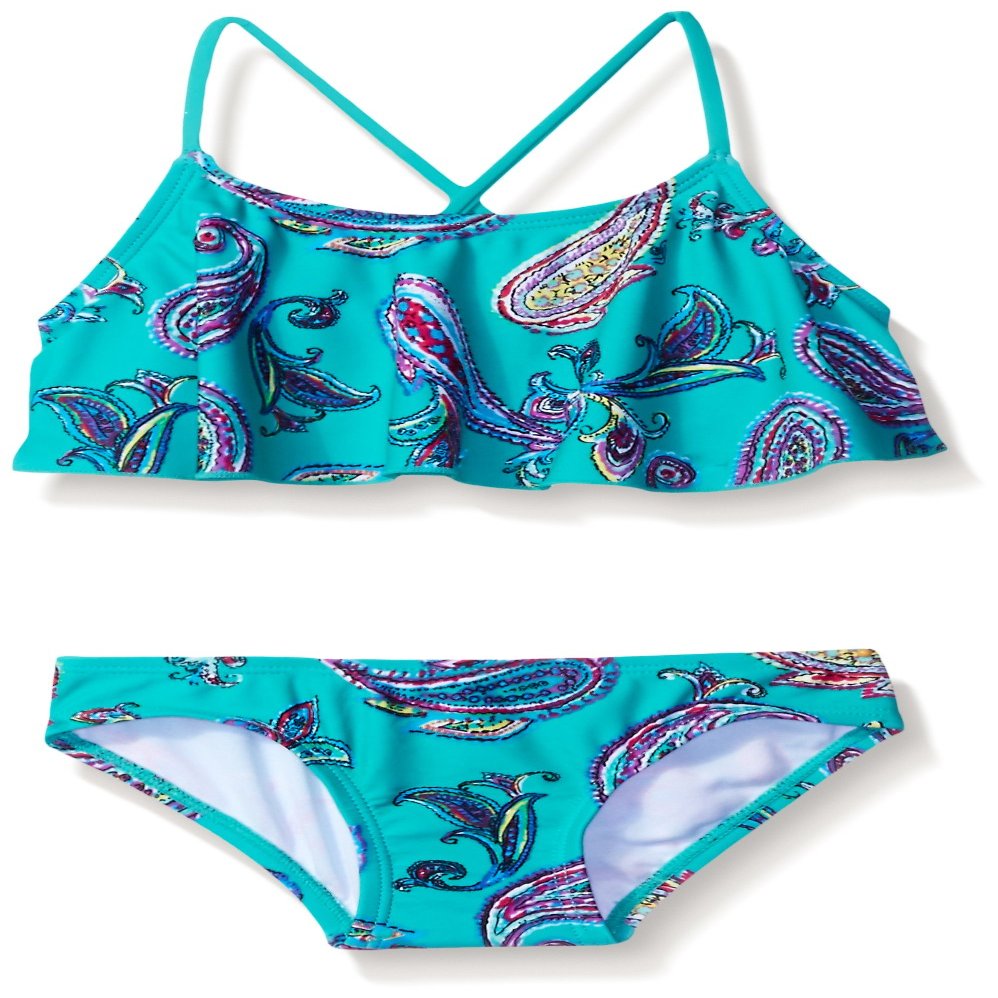 Kanu Surf Big Girl's Karlie Flounce Bikini Beach Sport 2-Piece Swimsuit, Heather Green Paisley, 14
