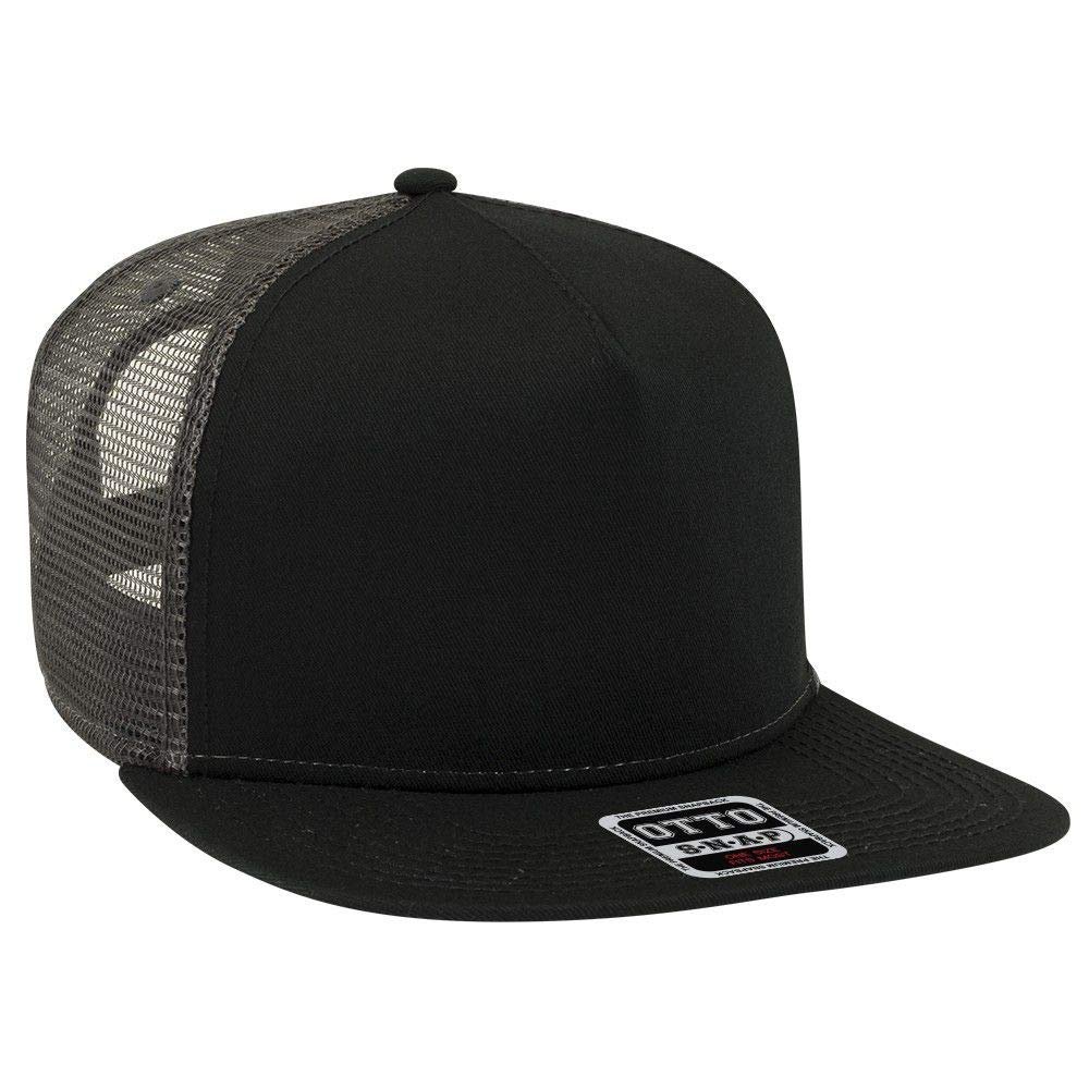 OTTO Square Flat Visor SNAP 5 Panel Mesh Back Trucker Snapback Hat - Blk/Blk/Ch.Gry