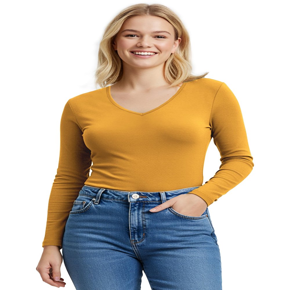 Emmalise Women's Casual Basic V-Neck Tshirt Long Sleeves Tee Top - Mustard, L