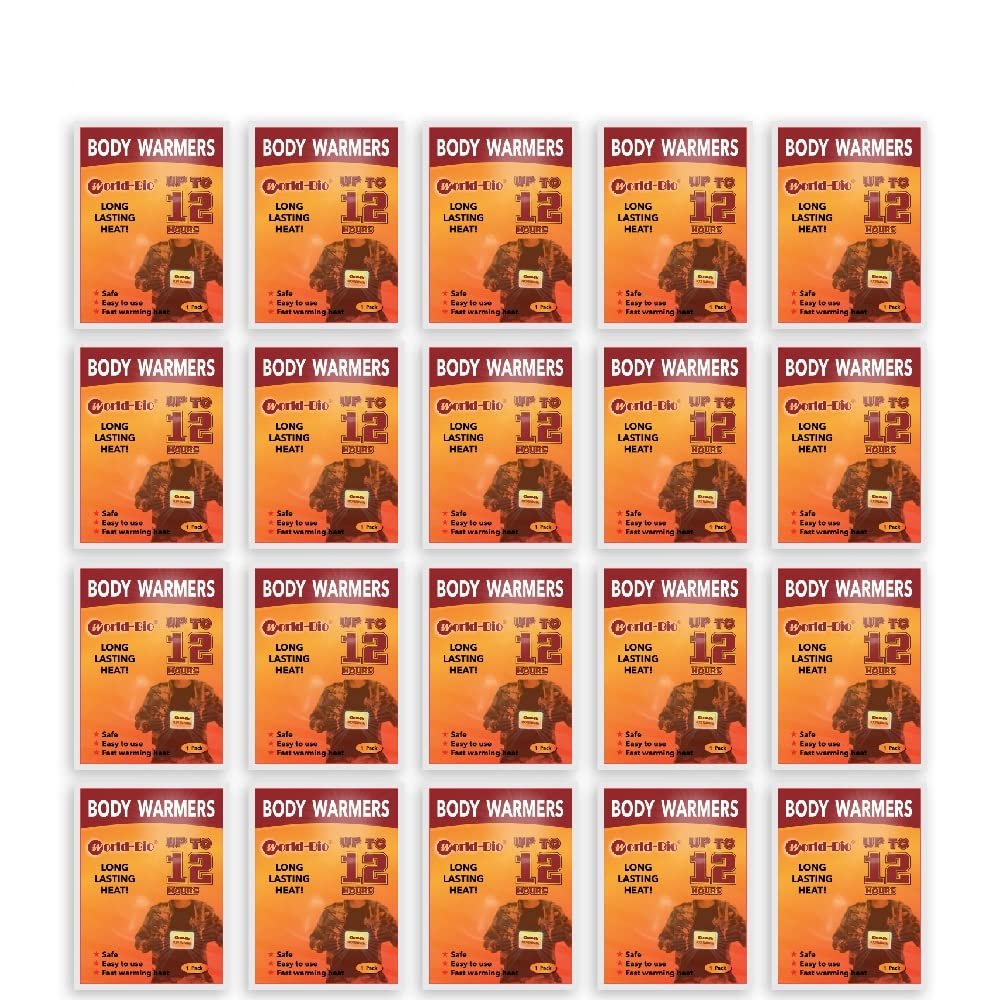 WORLD-BIO Body Warmers for Cold Weather, Hot Hands Body Warmers with Adhesive Backing Long Lasting Safe Natural Odorless Air Activated Disposable - Up to 12 Hours of Heat - 20 Packs
