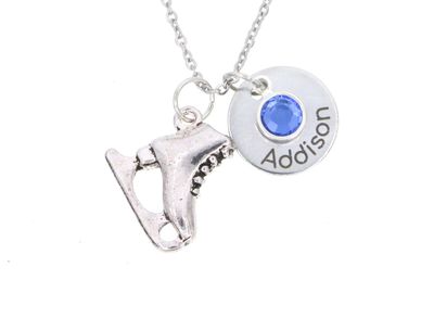 DistinctlyIvy Ice Skater Necklace - Personalized Name, Birthstone Color - Laser Engraved Disc - Little Girls Winter Skating Gift - DGR-15mm