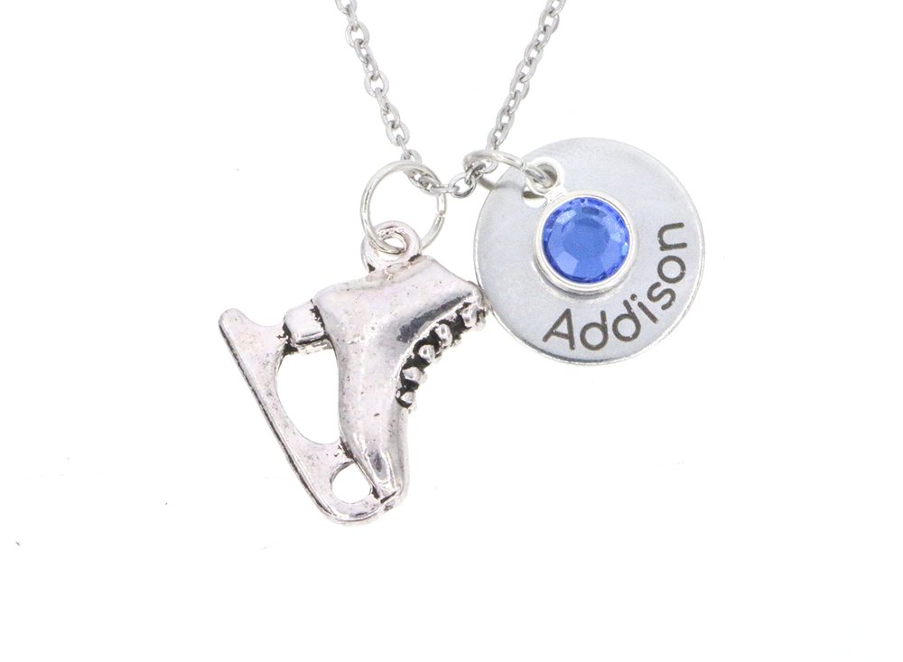DistinctlyIvy Ice Skater Necklace - Personalized Name, Birthstone Color - Laser Engraved Disc - Little Girls Winter Skating Gift - DGR-15mm