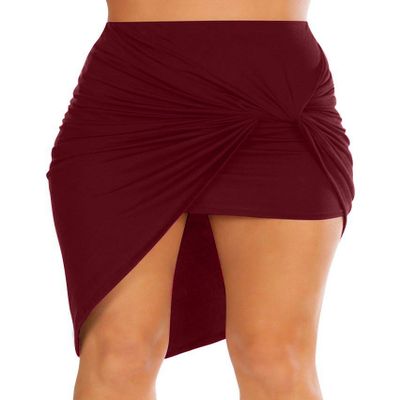 Simlu Womens Drape Up Stretchy Asymmetrical High Low Short Mini Bodycon Pencil Skirt Burgundy X-Large