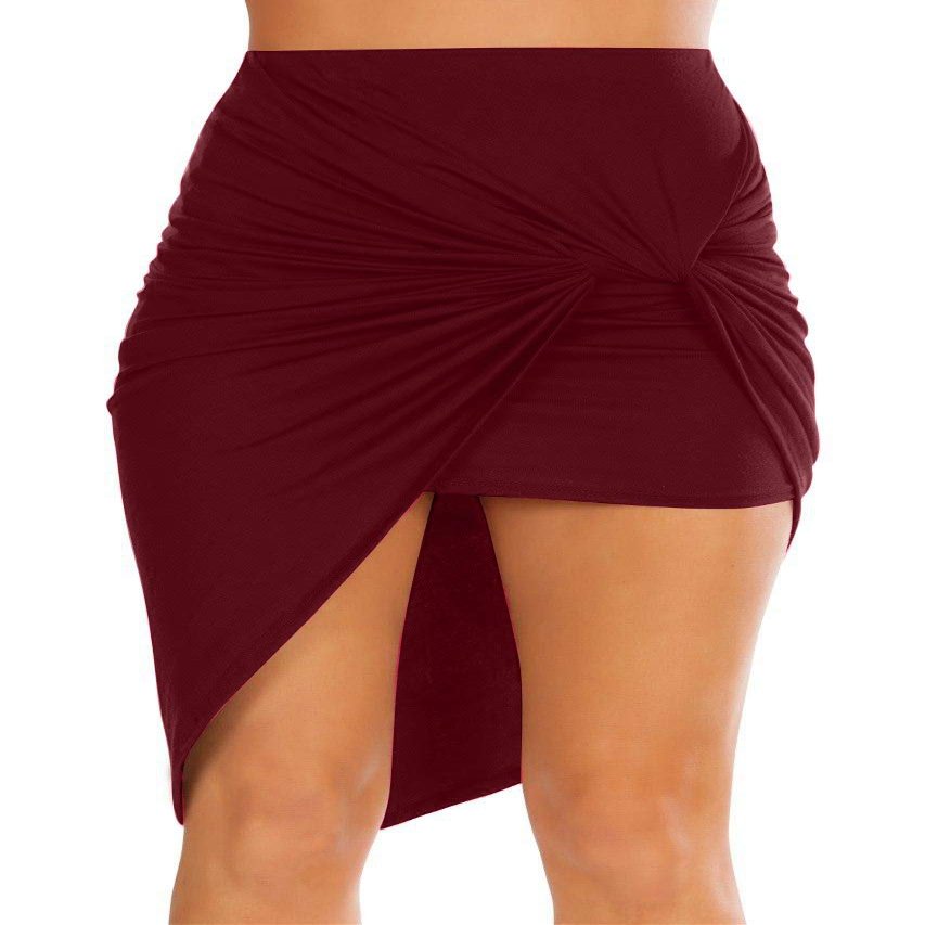Simlu Womens Drape Up Stretchy Asymmetrical High Low Short Mini Bodycon Pencil Skirt Burgundy X-Large