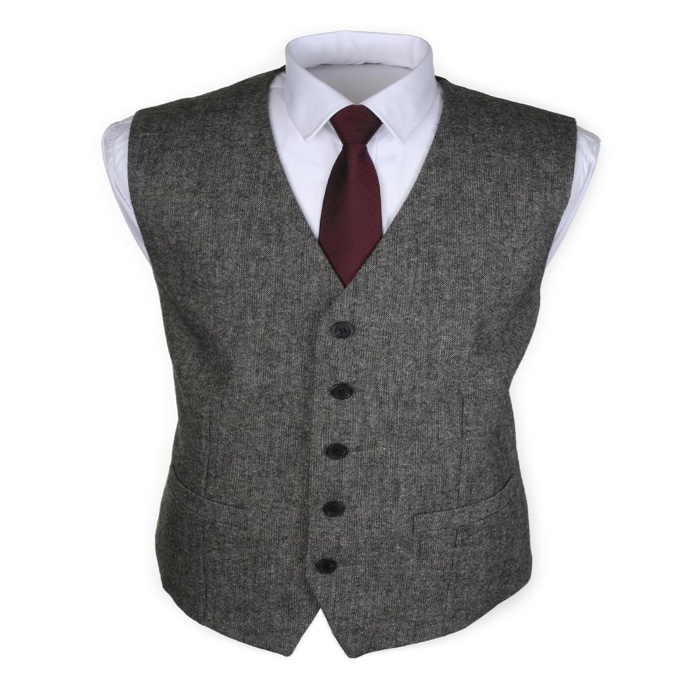 Ruth&Boaz 2Pockets 5Buttons Wool Herringbone Tweed Business Suit Vest (XXXL, Tweed Black)