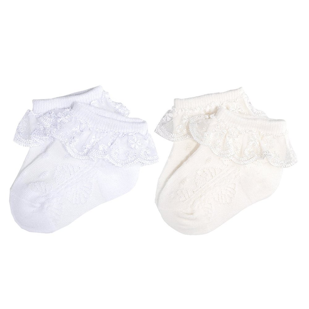 EPEIUS Baby-Girls Eyelet Frilly Lace Socks Cotton Rich Infant Girl Princess Ankle Socks White/Ivory(Pack of 2) 6-12 Months