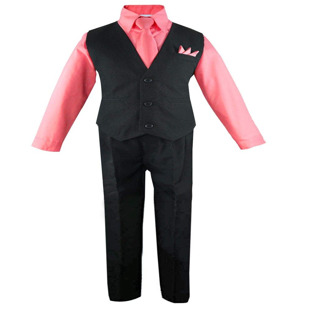 Luca Gabriel Toddler Boys' 4 Piece Vest Shirt Tie Pant and Hanky Set Coral - 4t