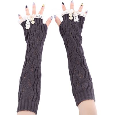 LerBen Womens Lace Knitted Fingerless Warm Gloves Long Arm Warmer Thumb Hole Mitten