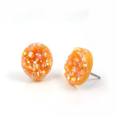 12mm Faux Druzy Stud Earrings - Stainless Steel Posts for Sensitive Ears Boho Chic Sparkly Glitter Studs (Sherbet Orange)